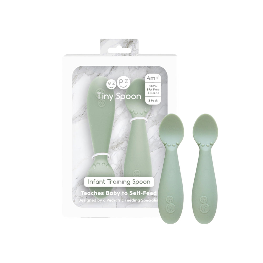 ezpz Tiny Spoon sage 2-pack for independent feeding during baby-led weaning