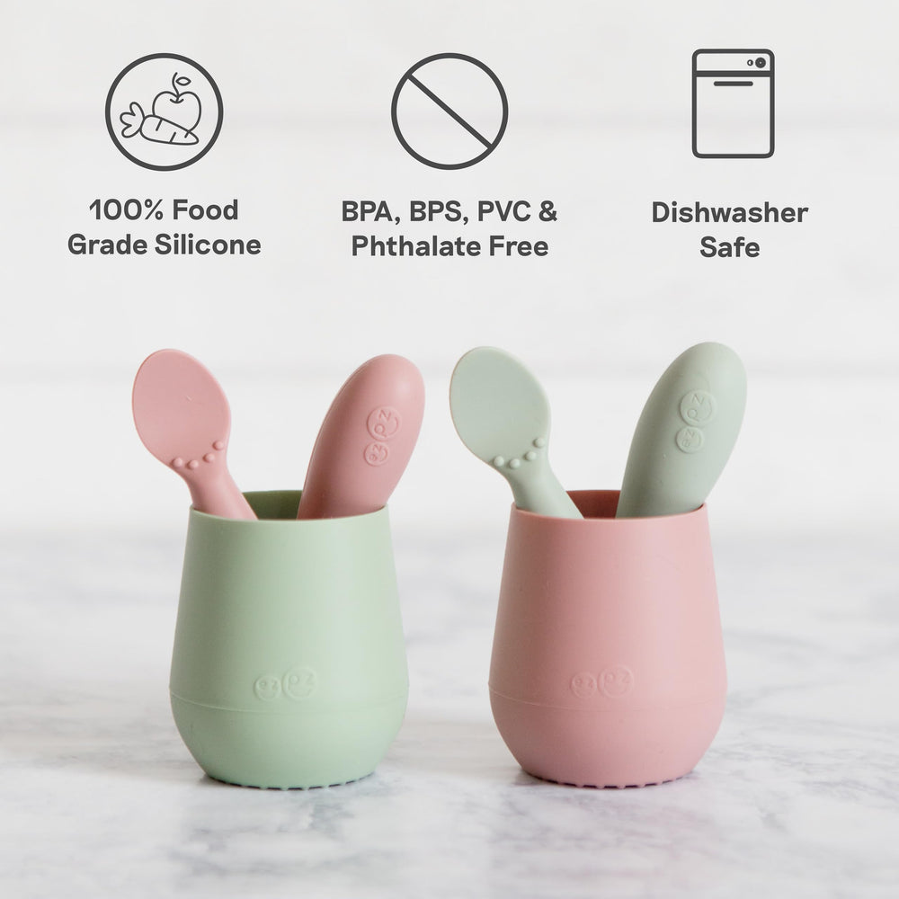 ezpz Tiny Spoon sage 2-pack supports puree and baby-led weaning meals at home