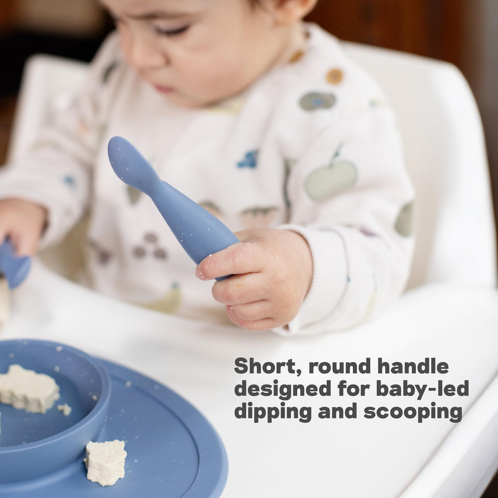 ezpz Tiny Spoon sage soft-silicone material is gentle on gums