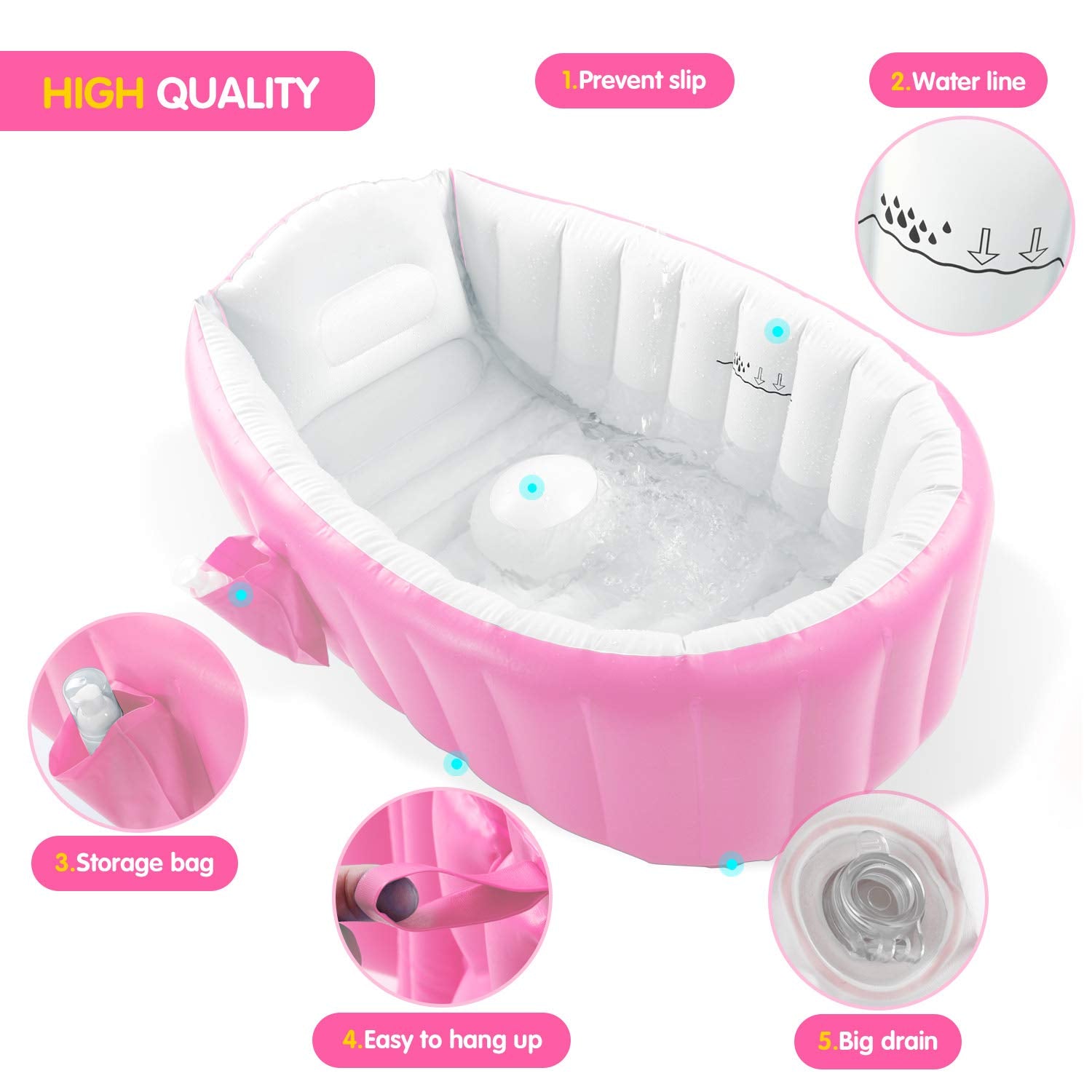 EZYCOK pink bathtub with side pocket for bath essentials