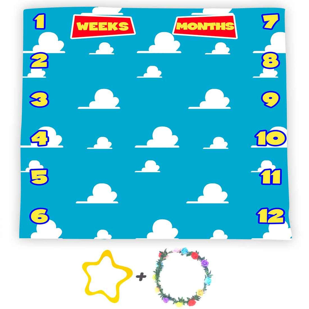 F-FUN SOUL milestone blanket with blue sky and clouds for adorable growth photos.