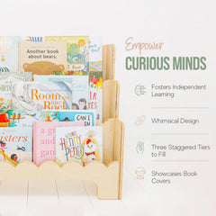 Fable Twig three-tier Montessori shelf organizes picture and chapter books.