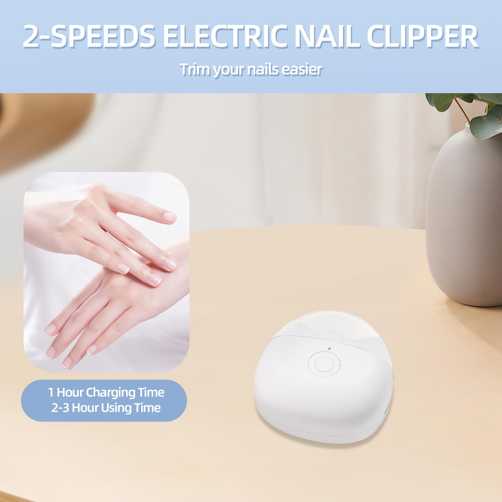 FabMay Beauty Electric Nail Clipper shows two speeds for customized trimming.