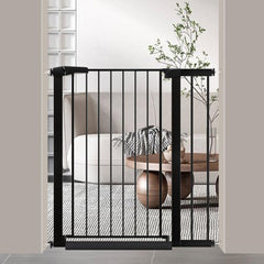 Fairy Baby 38-inch gate installed on stairs, secure passage for kids and pets.