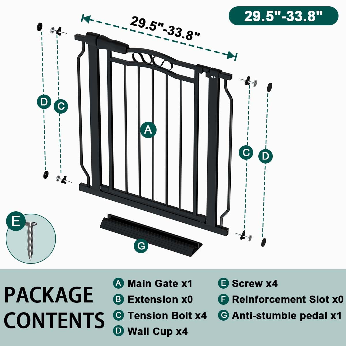 Fairy Baby adjustable width gate expands from 29.5 to 33.5 inches for versatility.