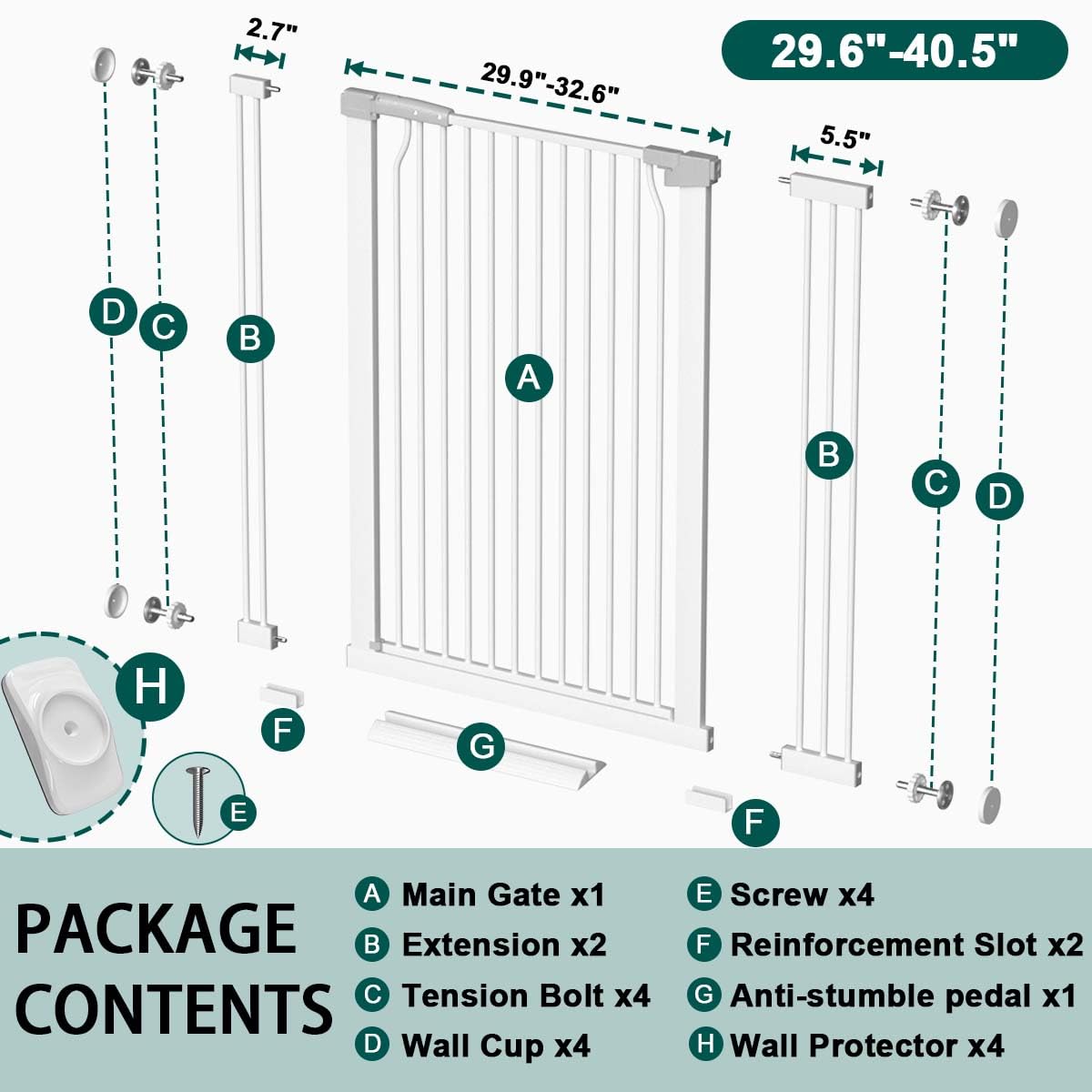 Fairy Baby adjustable-width gate fits openings from 29.6 to 40.5 inches.