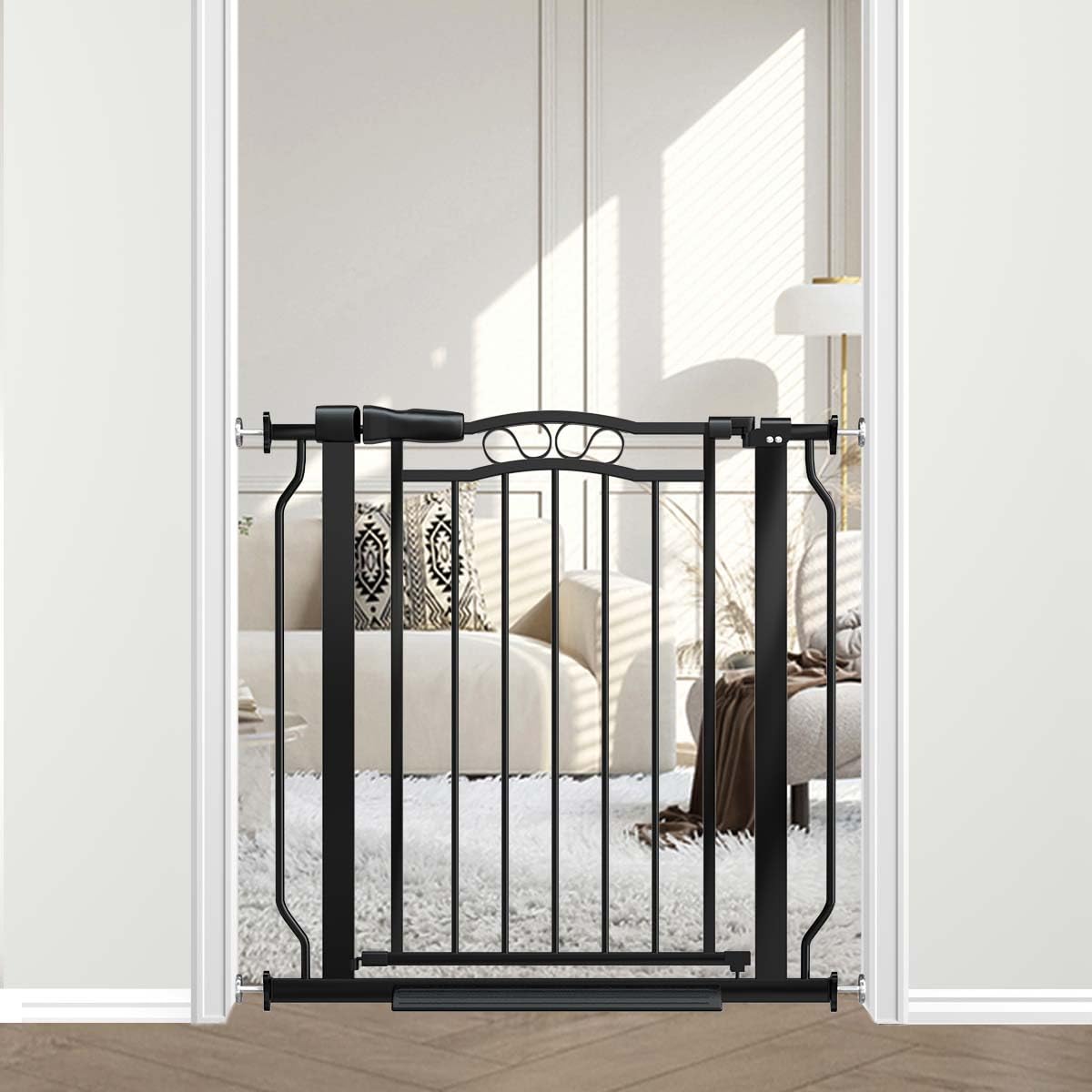 Fairy Baby arch design gate in black secures doorways while complementing home decor.