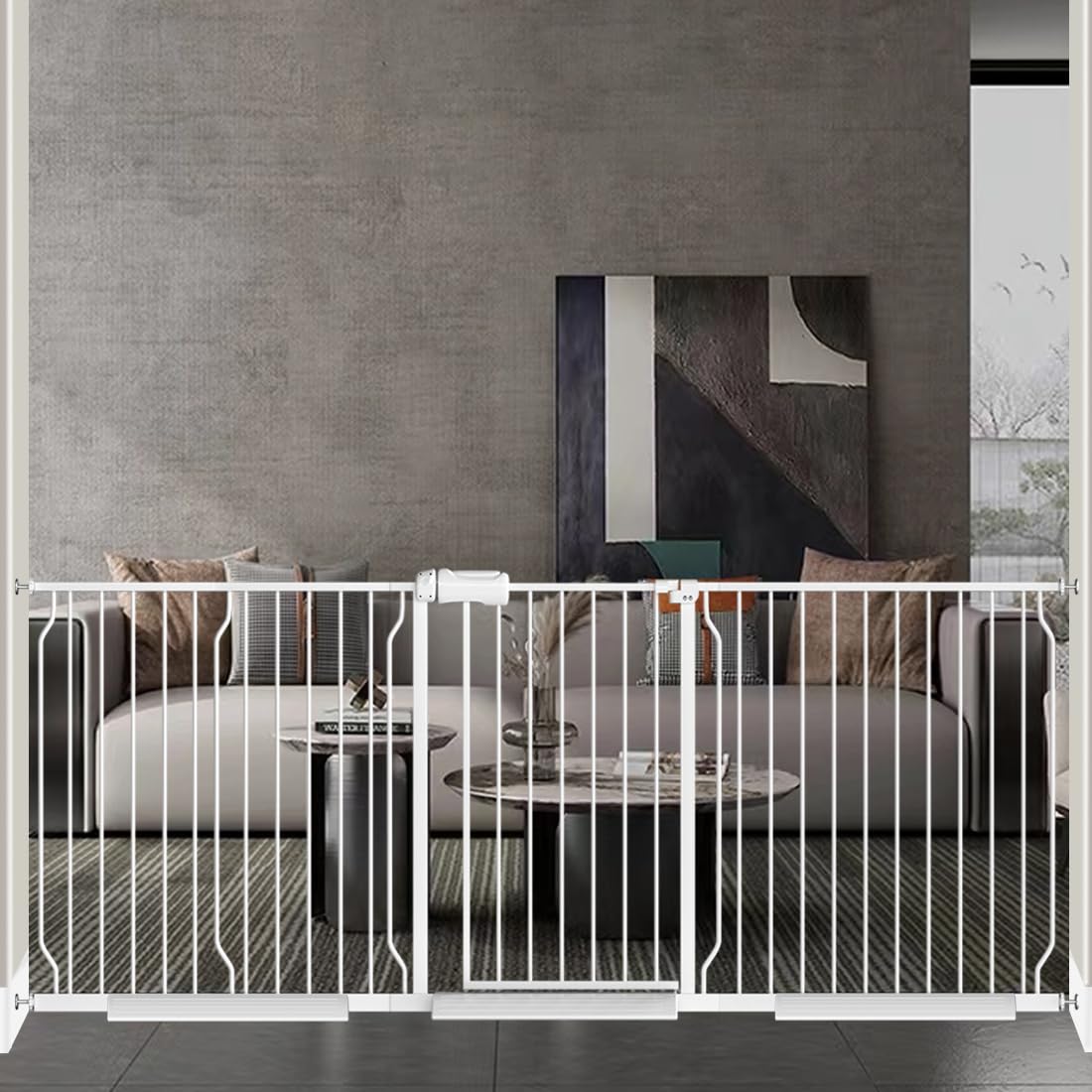 Fairy Baby wide-fit gate for 85-90 inch openings enables smooth pass-through with a child.
