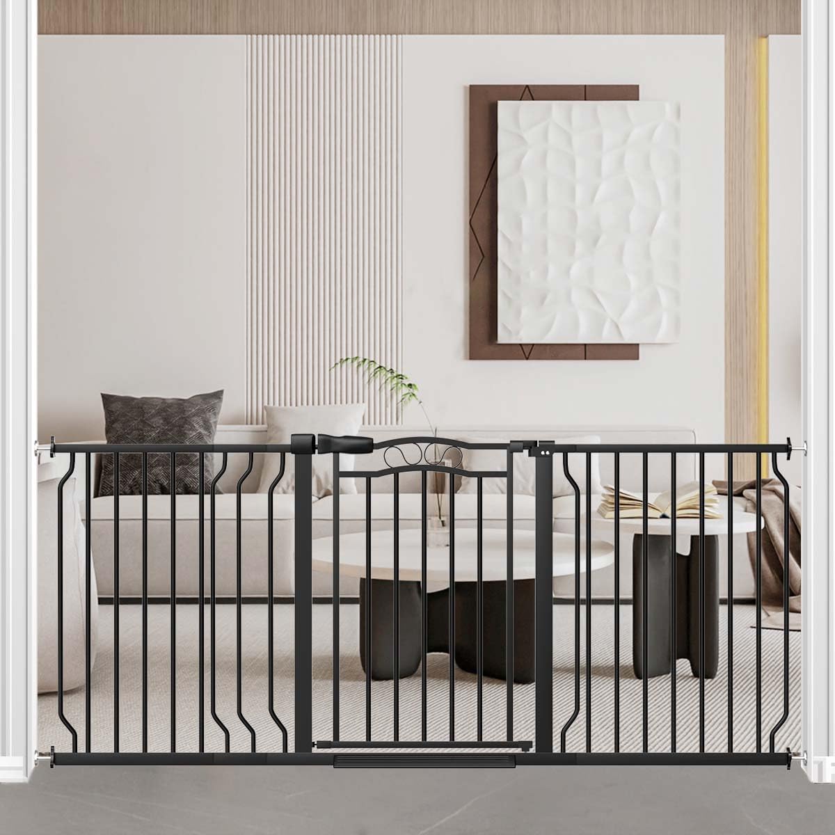 Fairy Baby extra-wide gate protects doorways and fits openings from 62.6 to 71.6 inches.