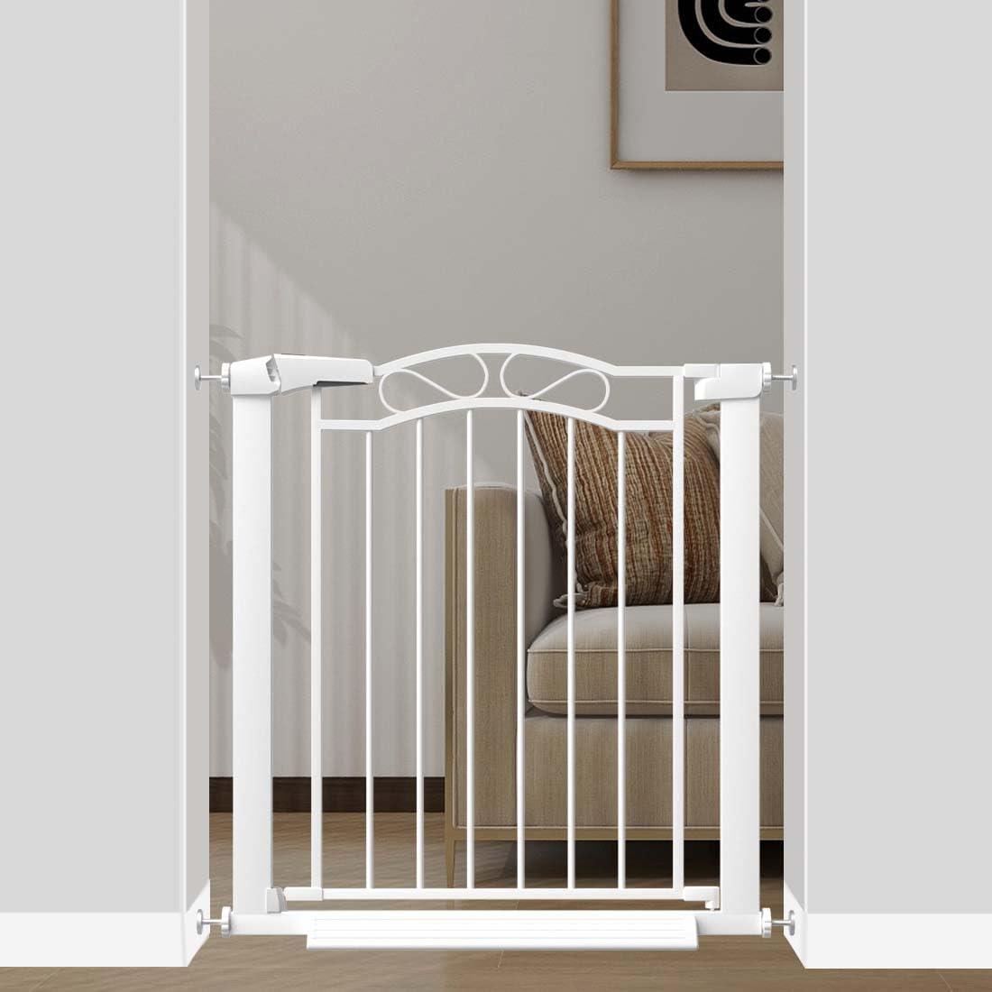 Fairy Baby extra wide walk-through gate in white steel finish for easy doorway passage.