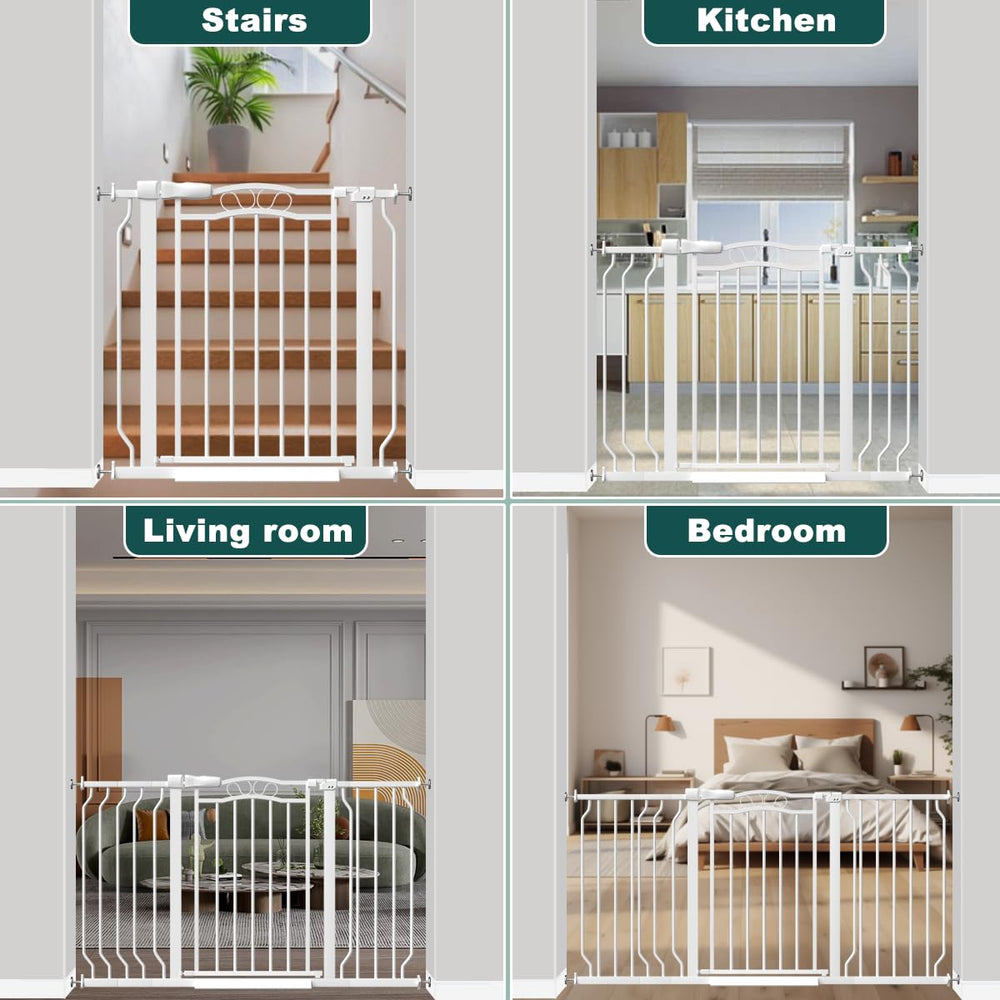 Fairy Baby sturdy metal gate with white finish suits indoor and outdoor use.