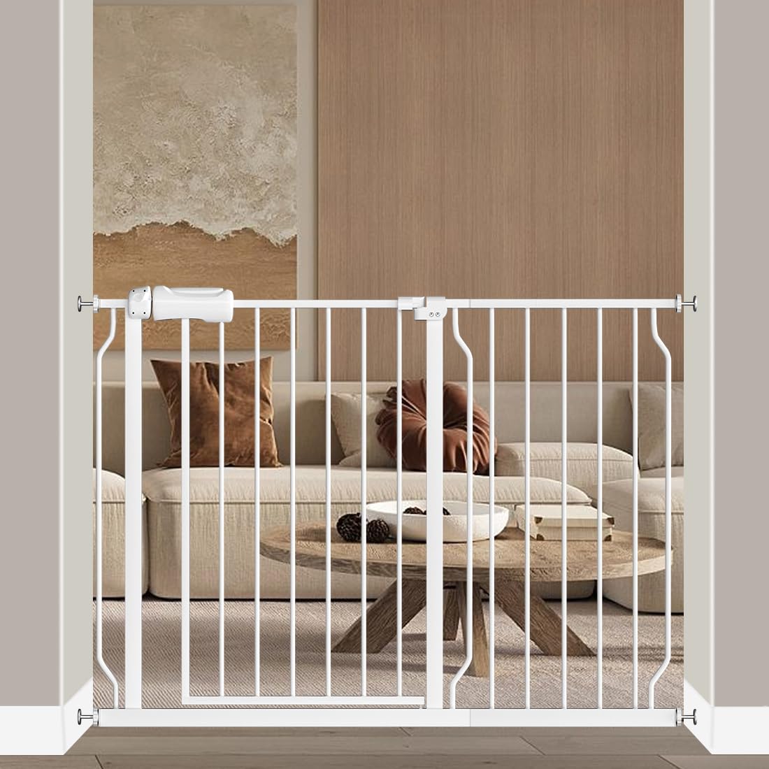 Fairy Baby gate with swing door enables easy passage while holding a baby.
