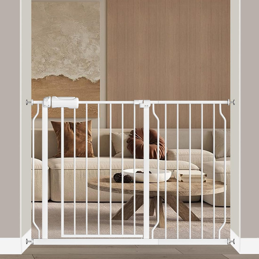 Fairy Baby gate with swing door enables easy passage while holding a baby.