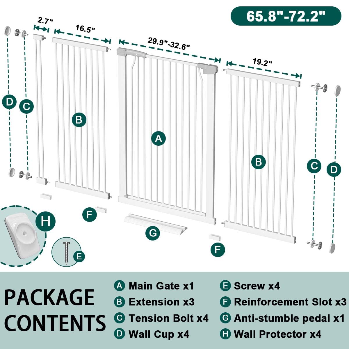 Fairy Baby wide adjustable gate fits openings 65.8 to 72.2 inches for flexible use.