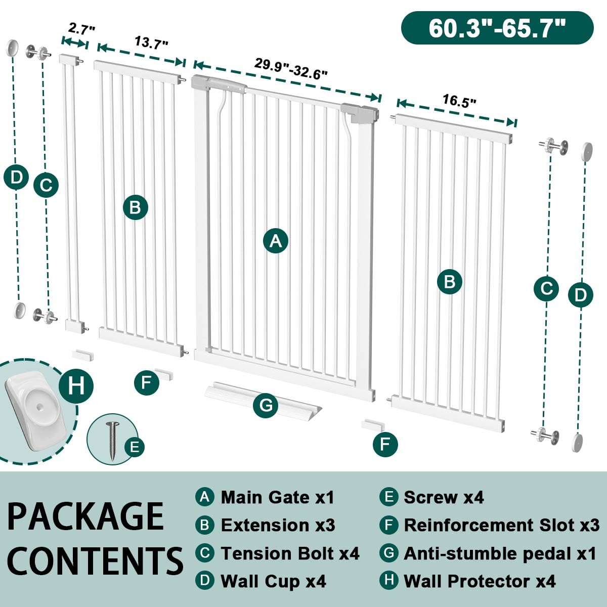 Fairy Baby wide gate fits openings 60 to 65 inches for versatile home layouts.