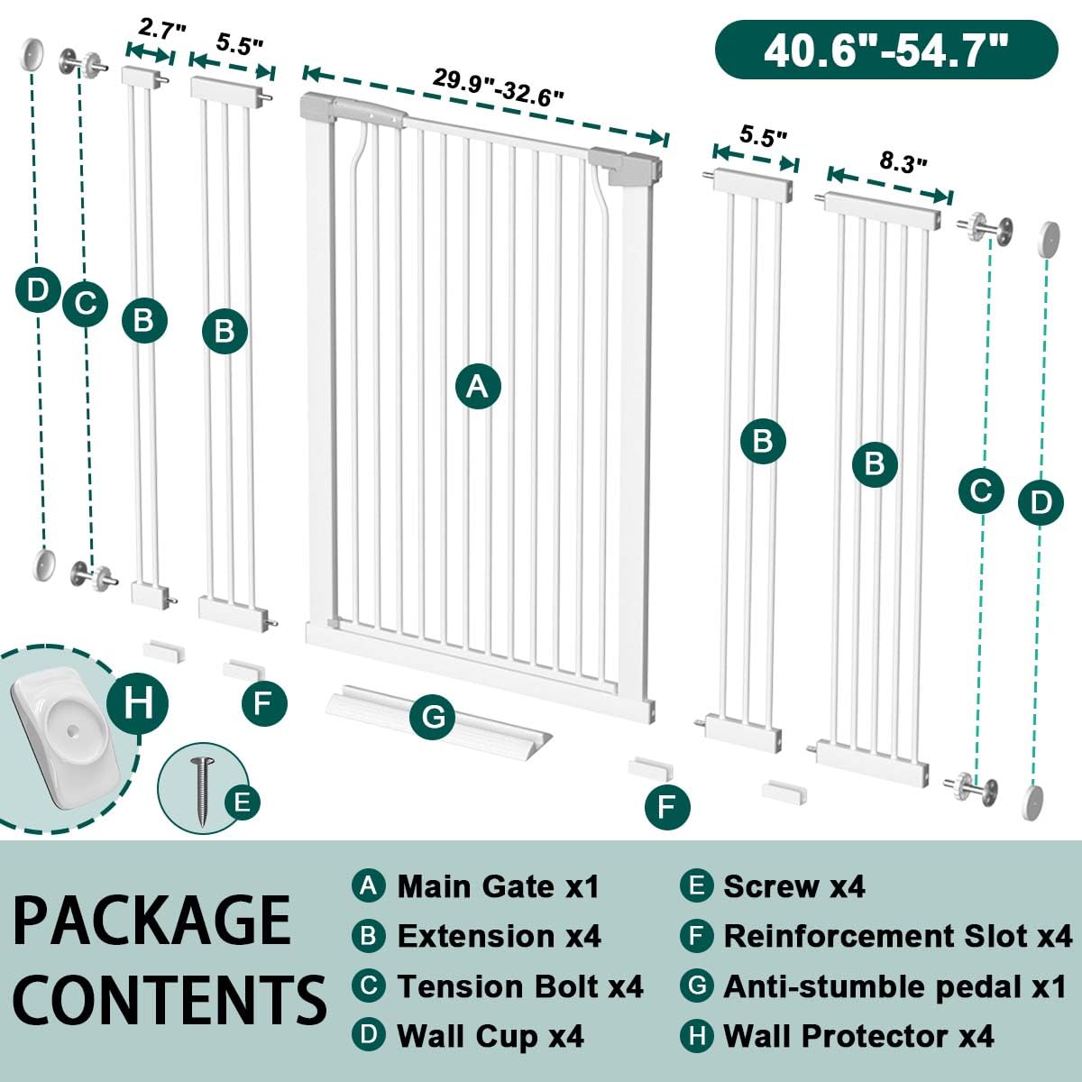 Fairy Baby wide-width adjustment image shows openings from 40.6 to 54.7 inches for versatile spaces.