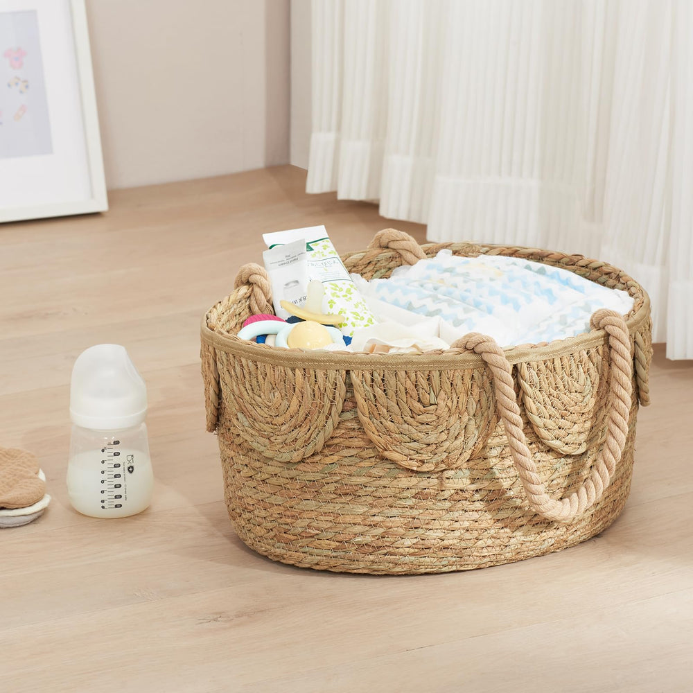 FairyHaus diaper caddy handwoven seagrass showcases artisan craftsmanship.