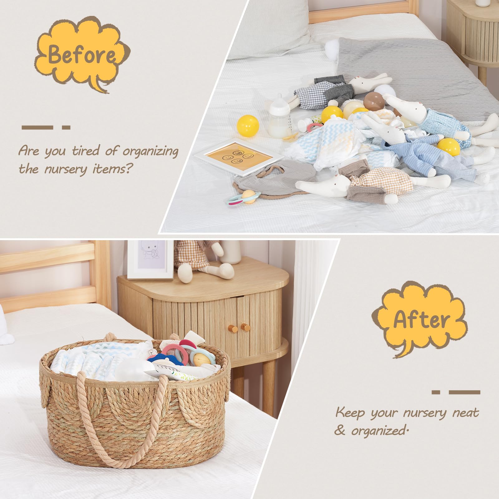 FairyHaus diaper caddy carried by rope handles demonstrates easy mobility.