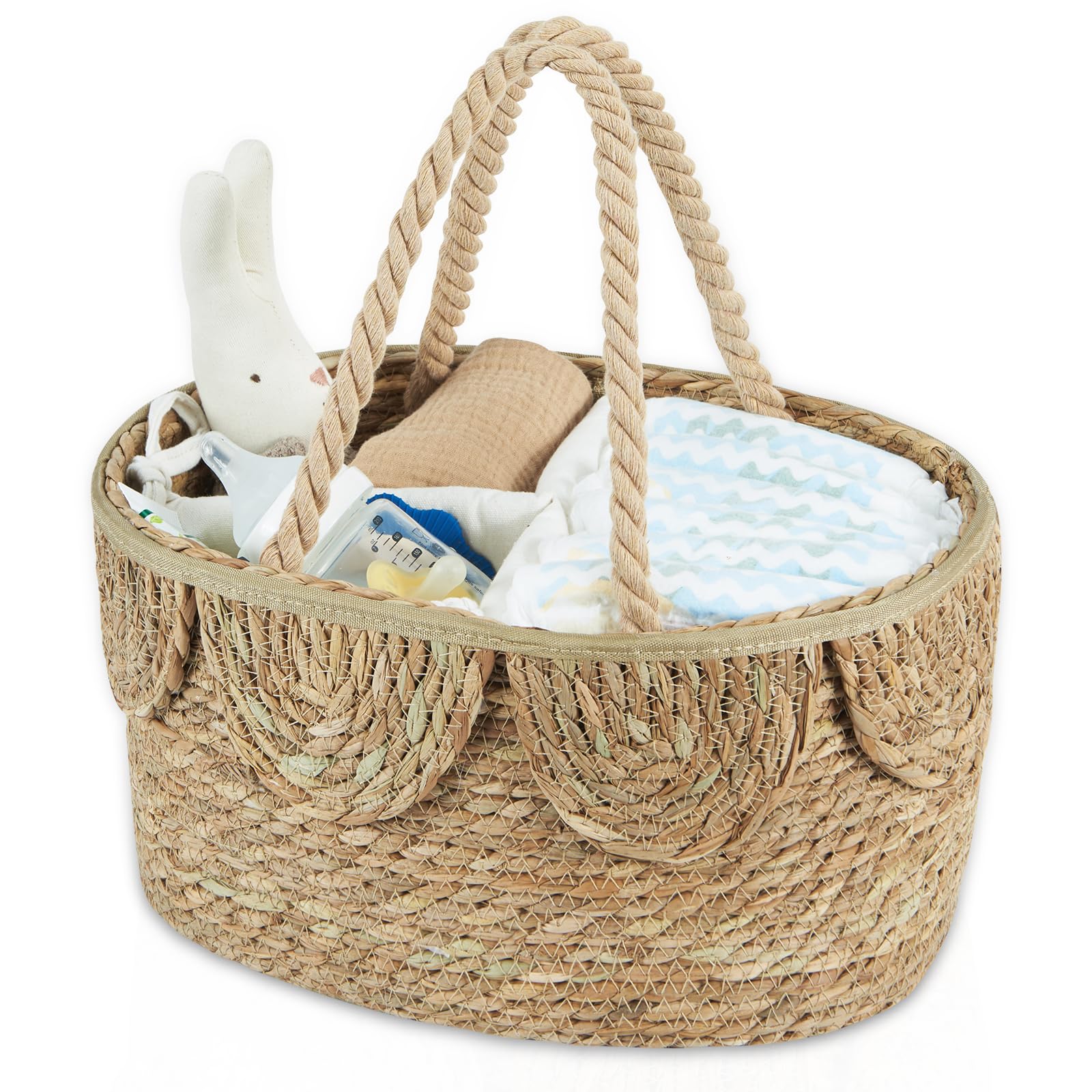 FairyHaus diaper caddy organizer with handwoven seagrass for tidy nursery storage.