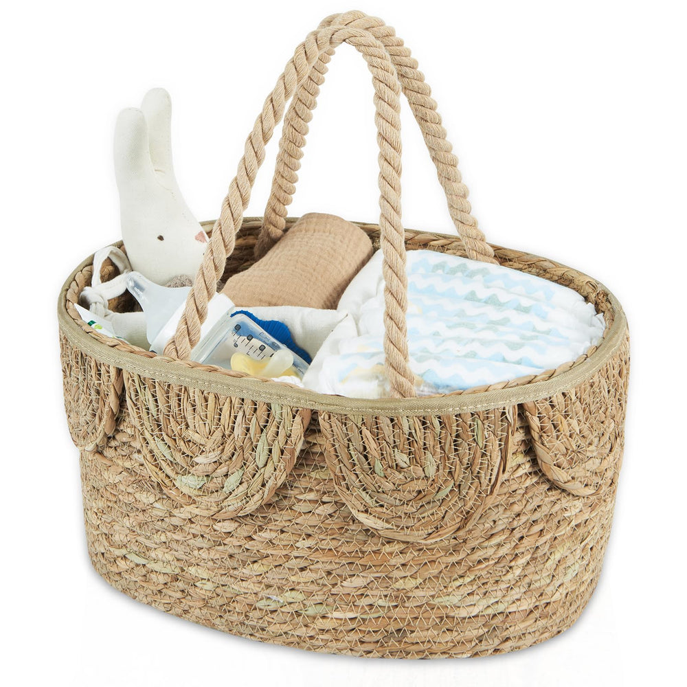 FairyHaus diaper caddy organizer with handwoven seagrass for tidy nursery storage.