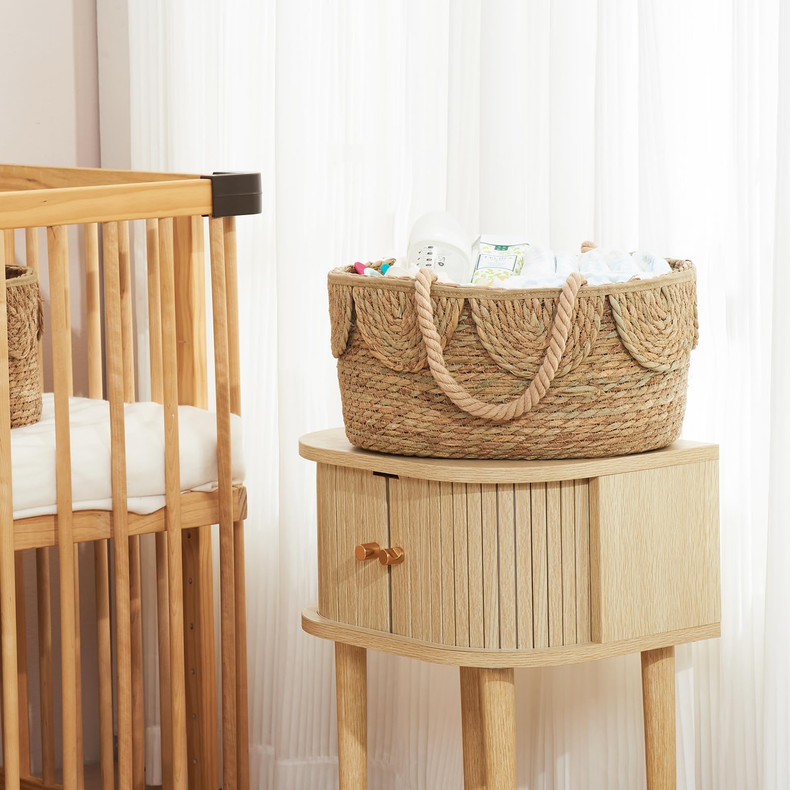 FairyHaus diaper caddy with scalloped edge complements rustic nursery decor.