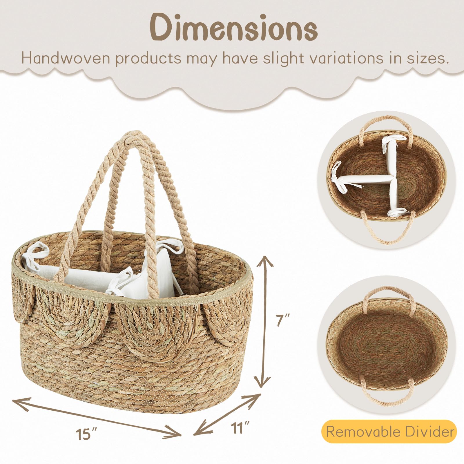 FairyHaus diaper caddy rope handles enable easy carrying between rooms.