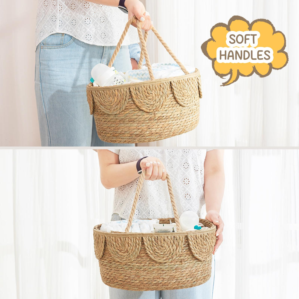 FairyHaus diaper caddy seagrass texture emphasizes natural, lightweight storage.