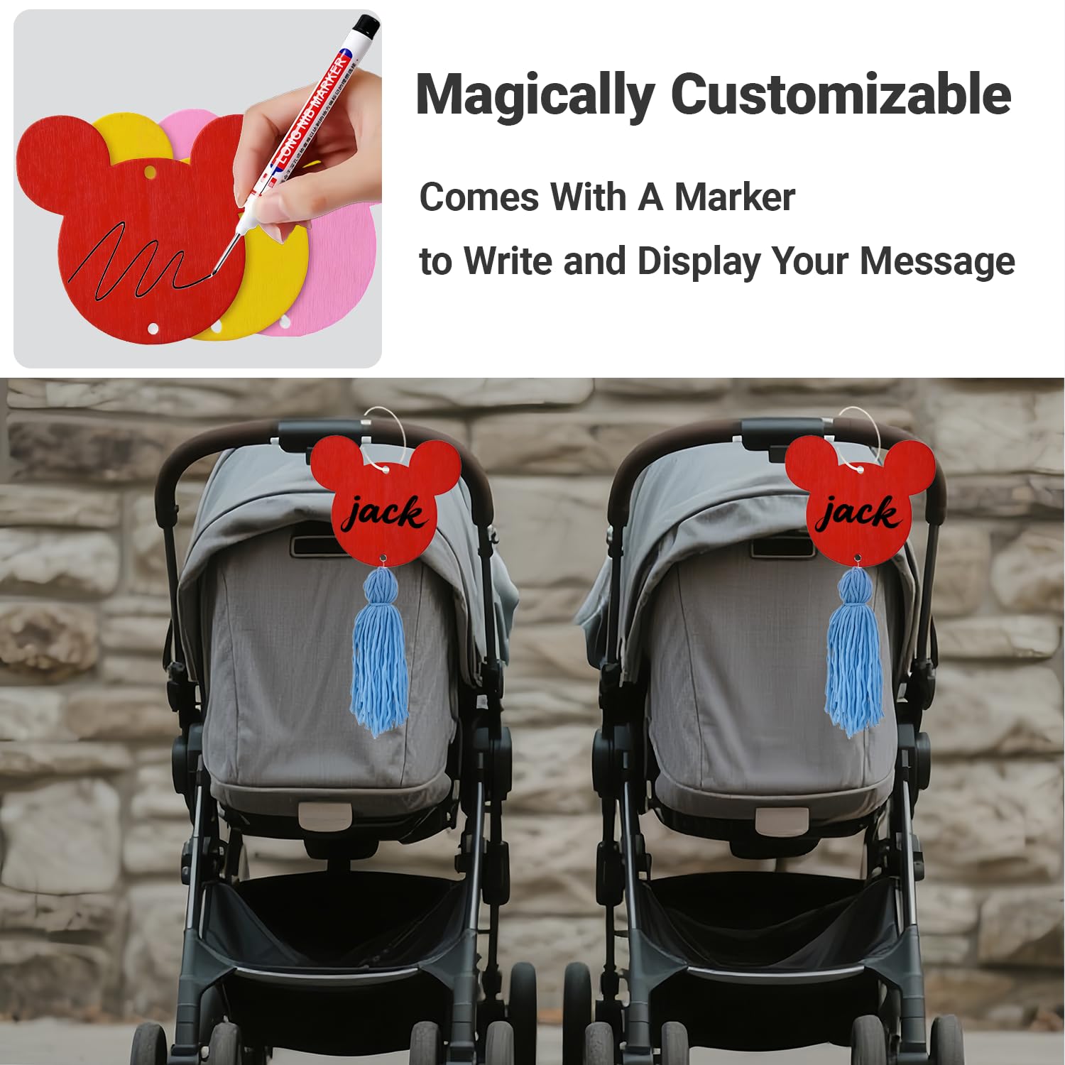 FAMCHAINS pendant on stroller handle enables quick spotting in busy areas