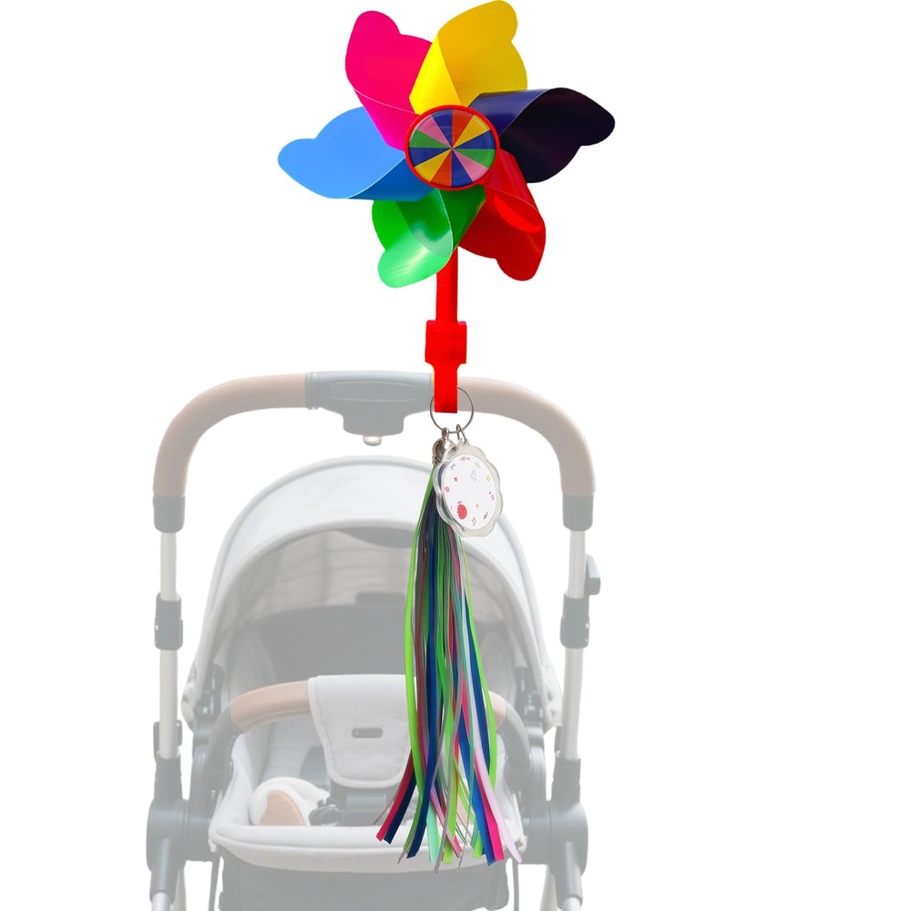 FAMCHAINS stroller flag with rotating pinwheel aids quick spotting