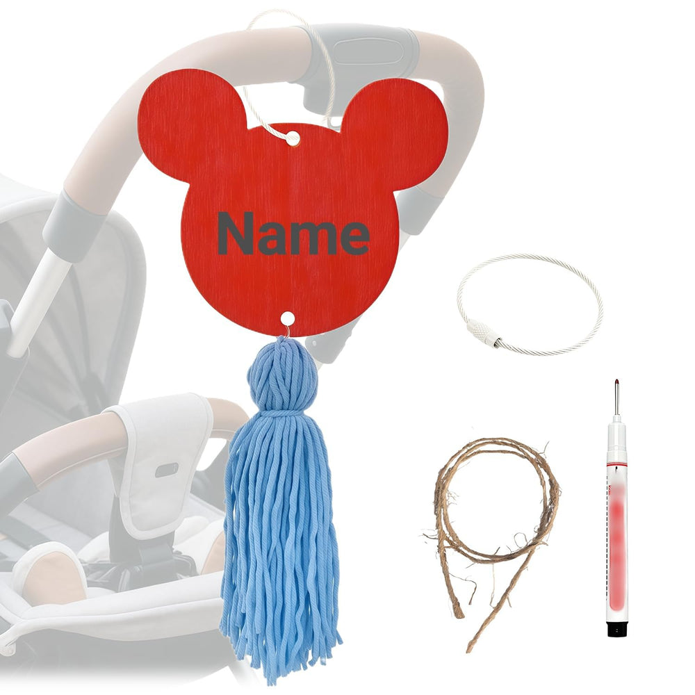 FAMCHAINS stroller tag in red closeup for quick identification in crowds