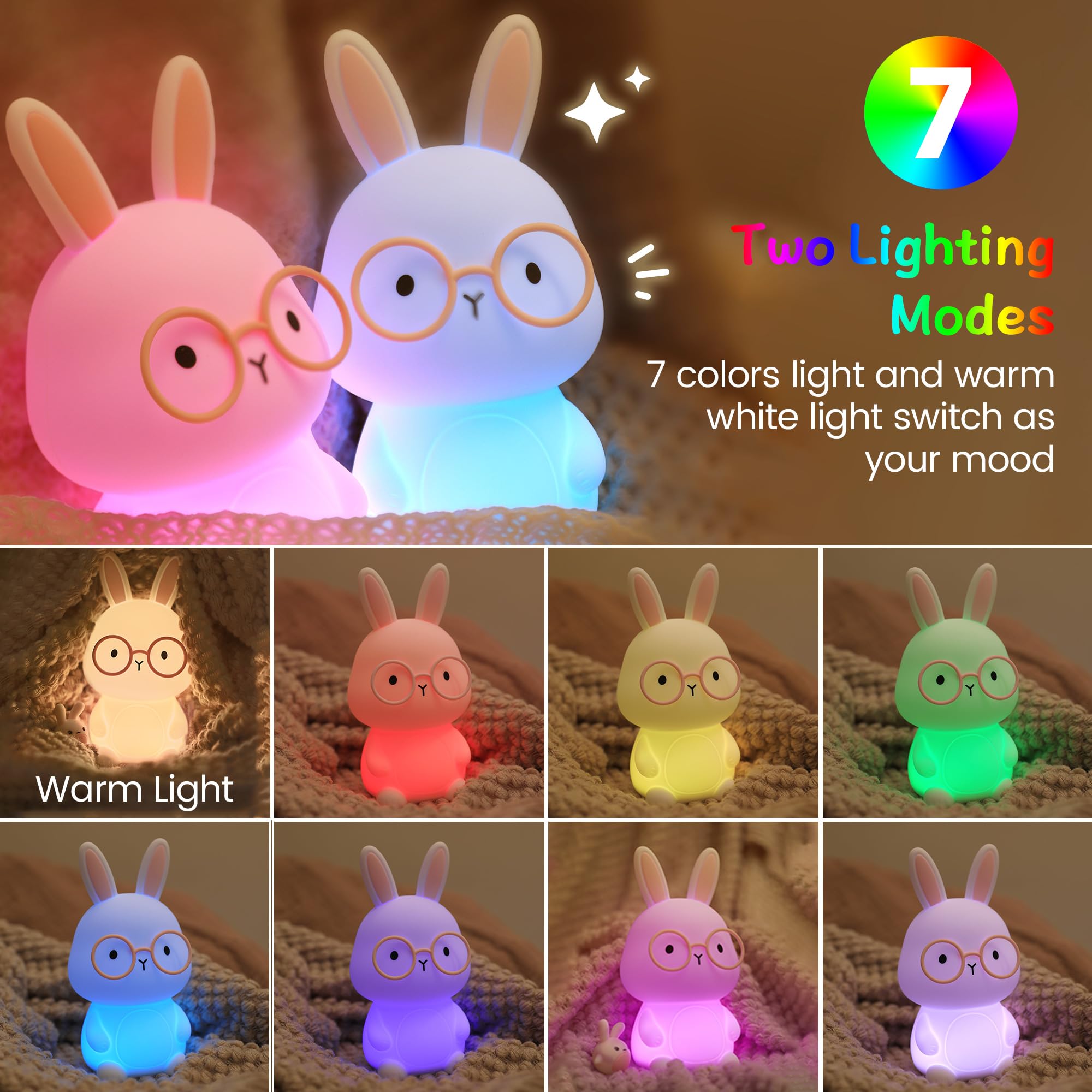 FAMIDUO Bunny Night Light touch-control close-up demonstrates easy brightness adjustment.