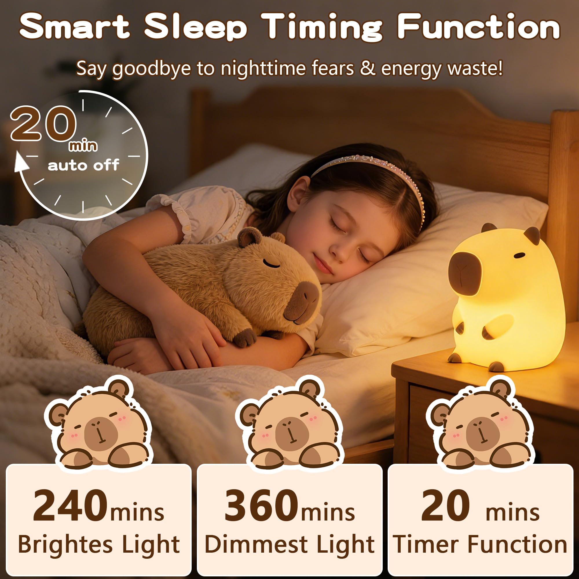 FAMIDUO Capybara night light with 20-minute timer for calm bedtimes