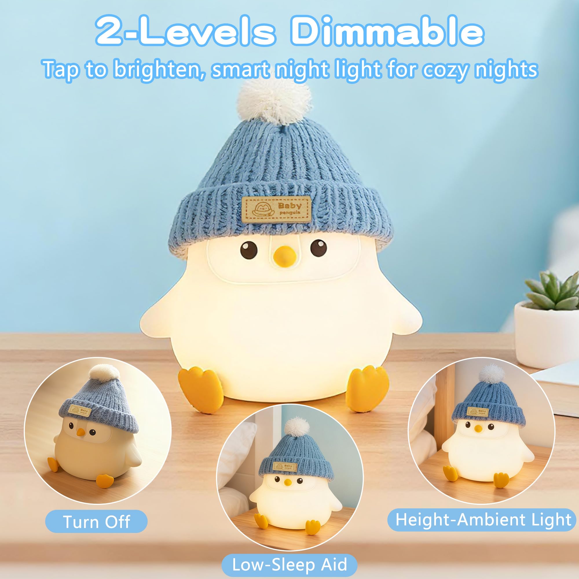 Famiduo Penguin Lamp with Knit Hat, side glow showing warm ambient light.