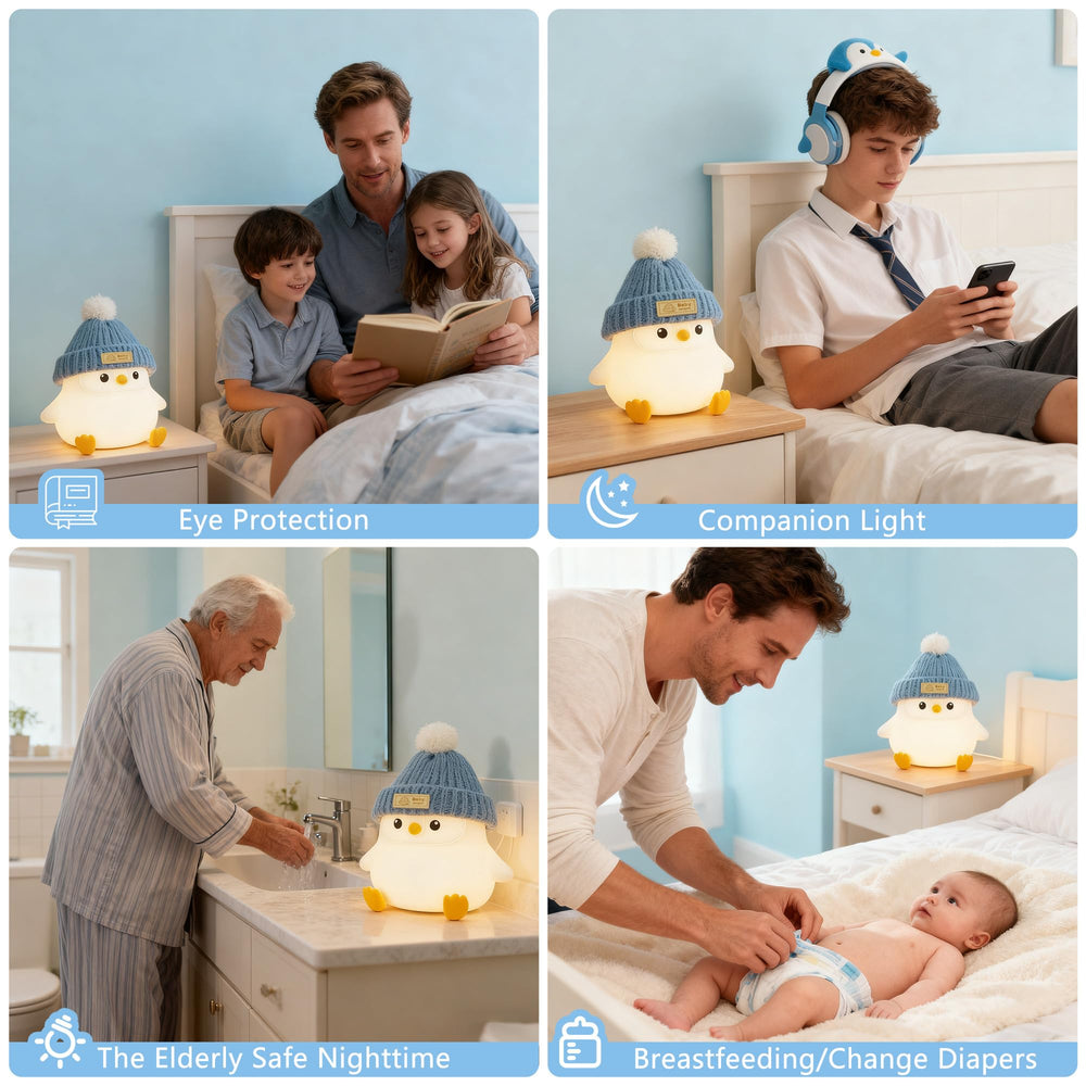 Famiduo penguin lamp charging via USB-C, long-lasting battery for overnight use.