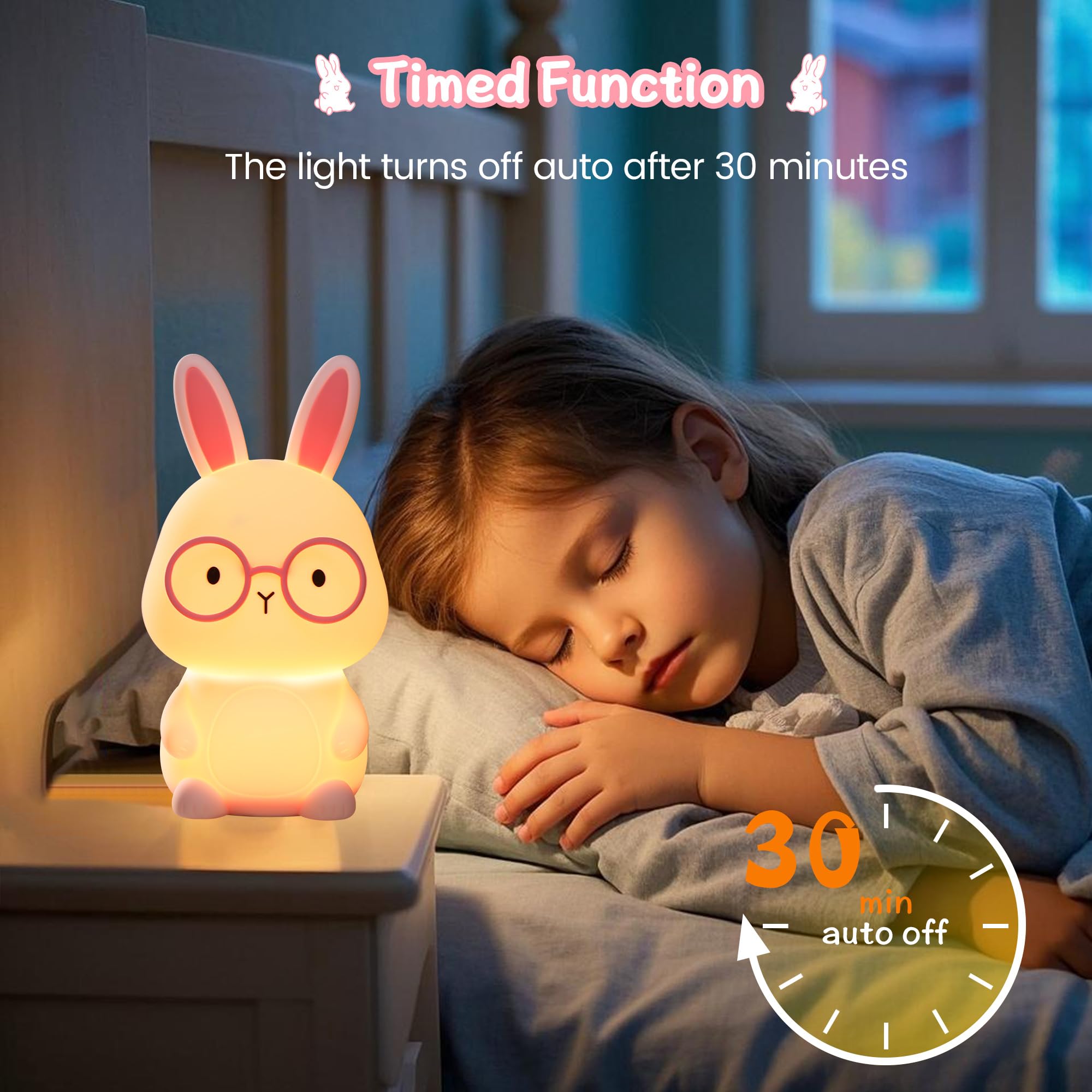 FAMIDUO silicone bunny night light featuring soft touch silicone material.