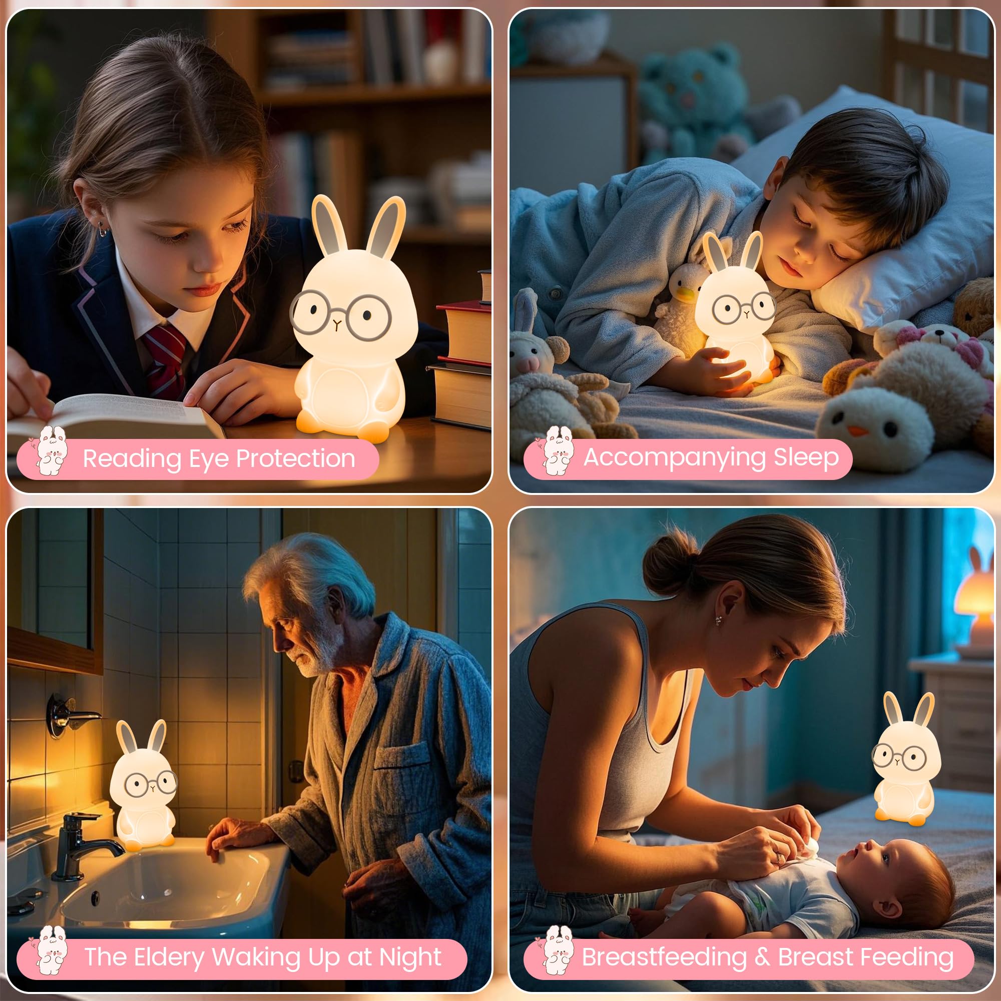 FAMIDUO Bunny Night Light is rechargeable via USB for easy daily use.