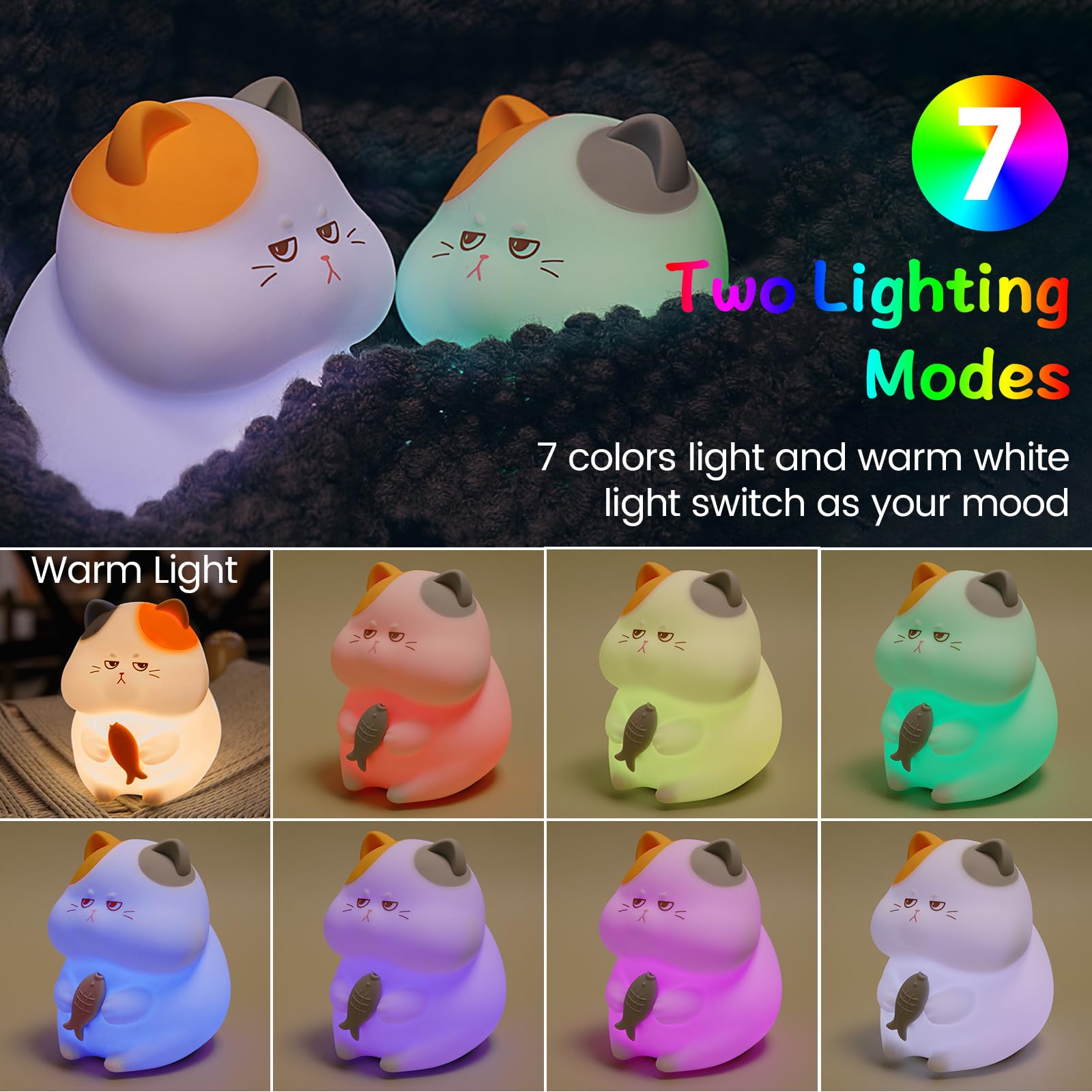 FAMIDUO Greedy Cat Night Light color-changing seven hues for cozy rooms.