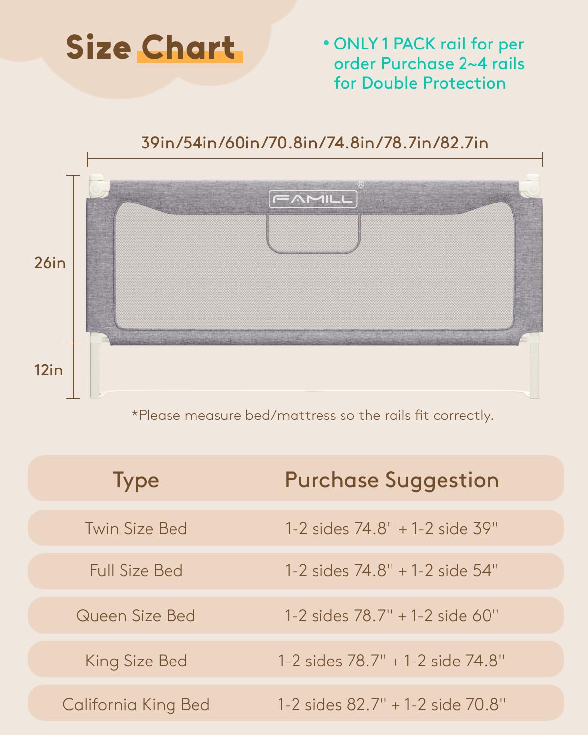 FAMILL bed rail in grey finish blends with room decor