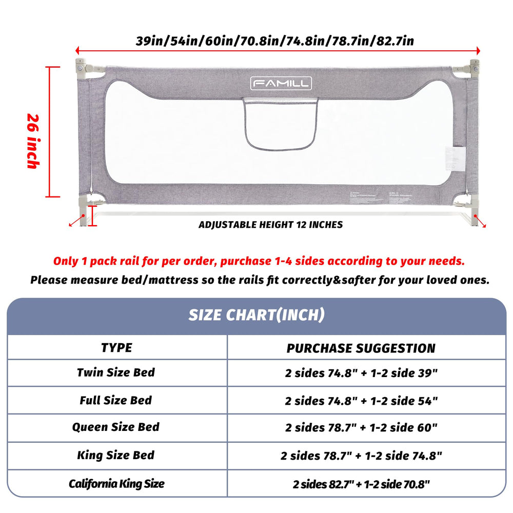 FAMILL bed rail lift design grey saves space and eases setup
