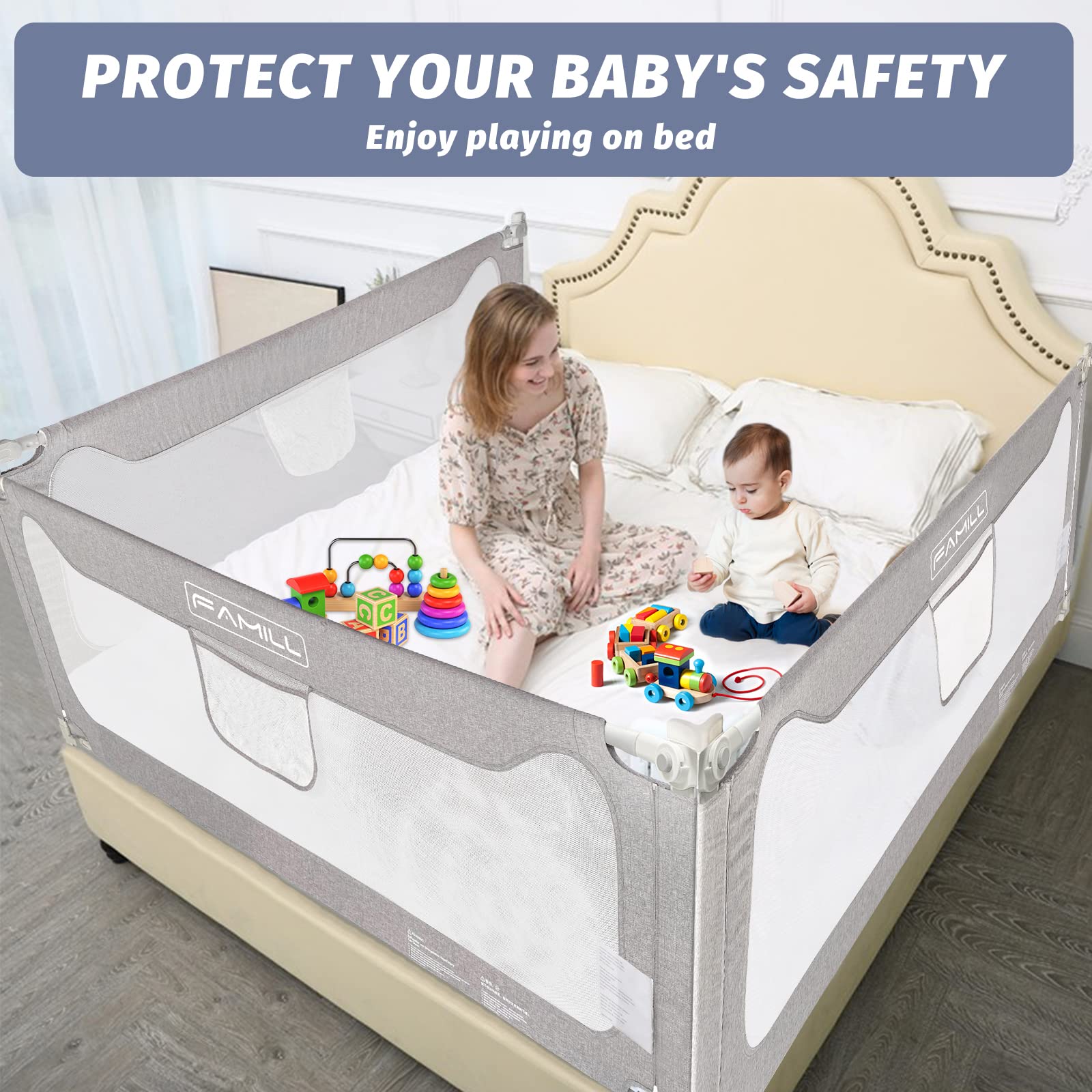 FAMILL safety guard helps prevent toddlers from climbing out.