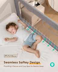 FAMILL bed rail compatibility image demonstrates fit across queen to twin sizes.