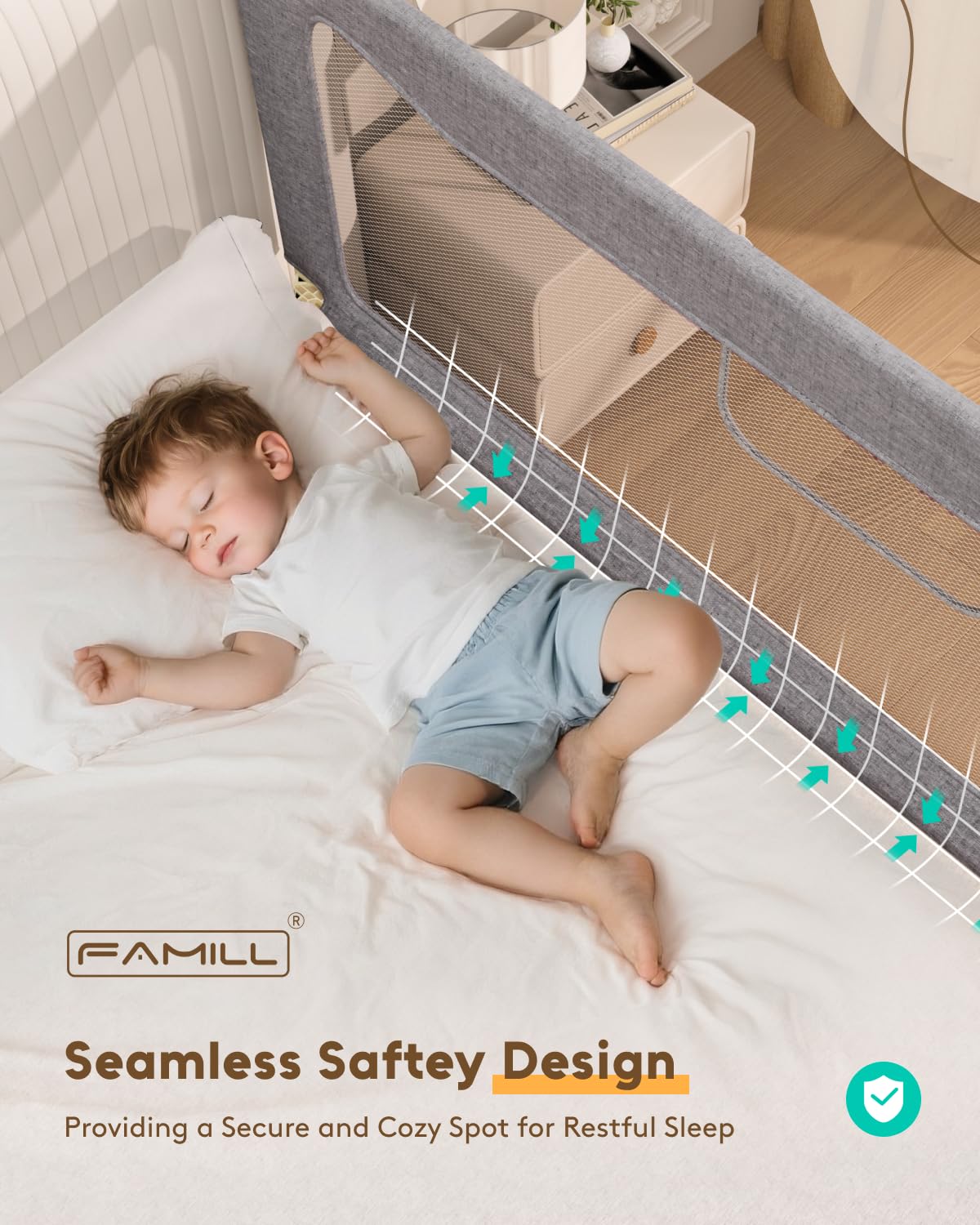 FAMILL bed rail toddler gray cushioned edges enhance comfort and protect skin.