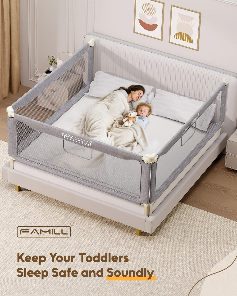 FAMILL bed rail safe-sleep area highlights child-friendly containment.