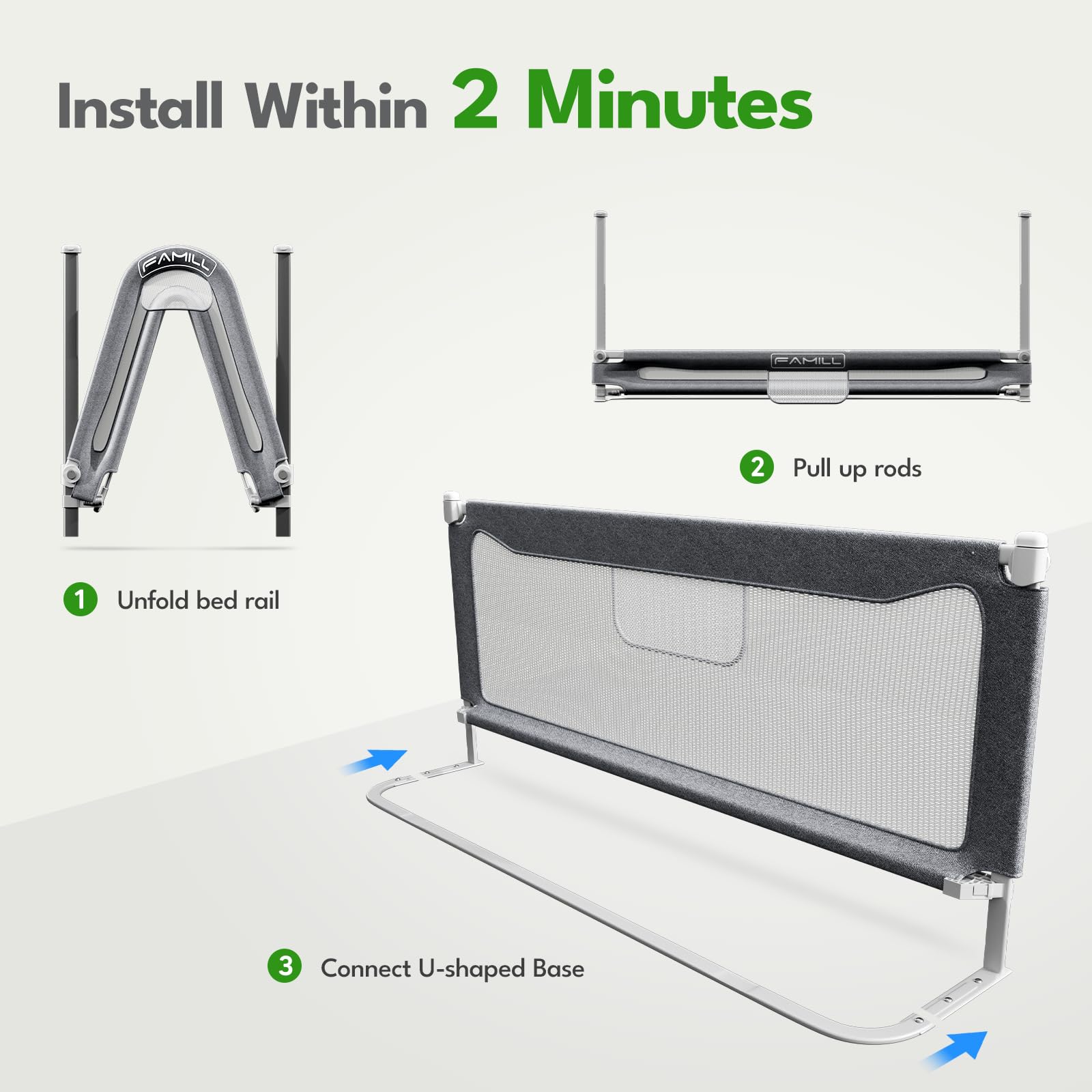 FAMILL bed-rail-u-shaped-base provides stable, gap-free sleep boundary