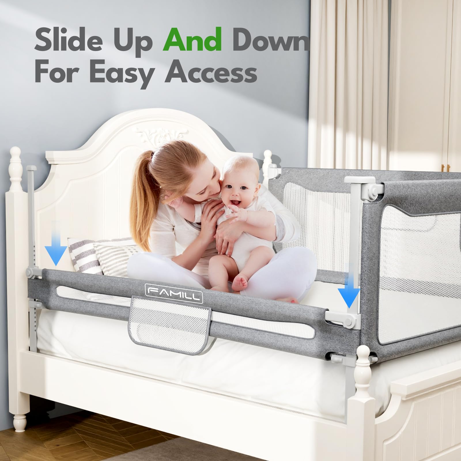 FAMILL universal-fit bed rail accommodates twin to king beds