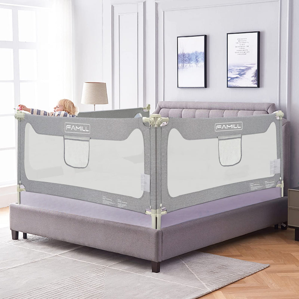 FAMILL toddler bed rail with U-shaped base for secure stability and mattress grip.