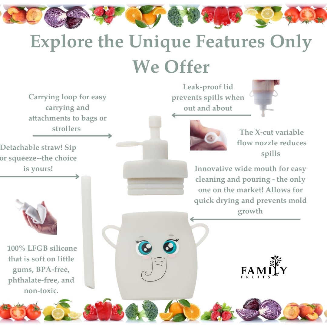 Family Fruits hippo and elephant design makes mealtime engaging for kids.