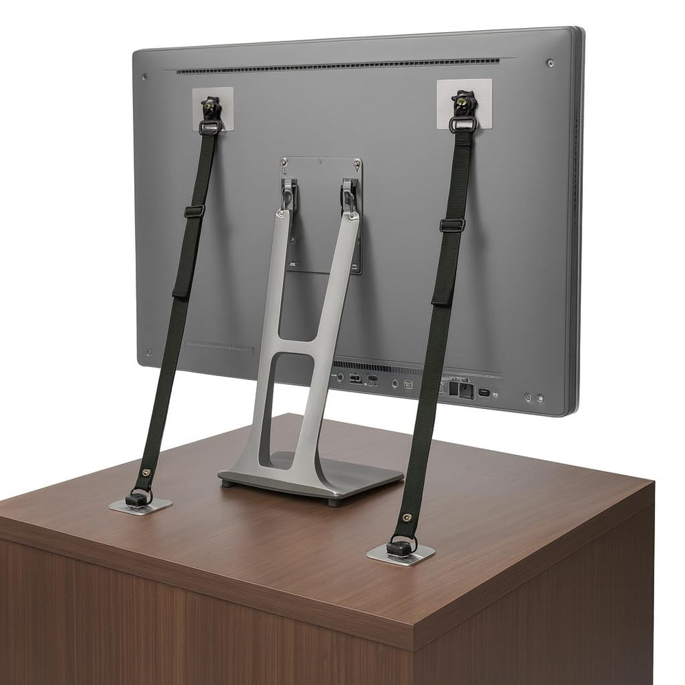 Family Care TV safety strap with adhesive installation secures flat screens safely and quickly.