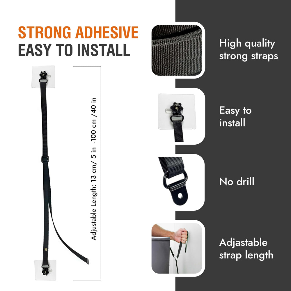 Family Care no-drill TV wall mount strap provides quick, tool-free setup.