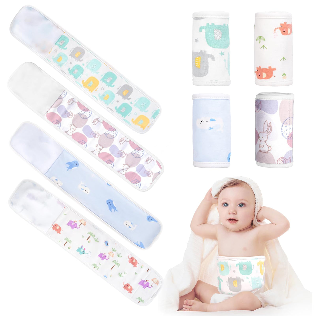 FAMJOALE cartoon baby belly band 4pack with soft cotton for gentle warmth.